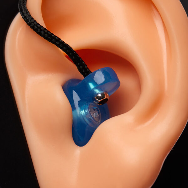 PACS Pro Custom Earplugs with Grip and Cord in the Ear